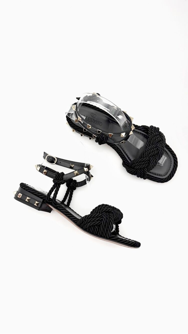 VALENTINO Torchon Black Braided Silk Rockstud Heel Size 37 Ankle Strap Sandal